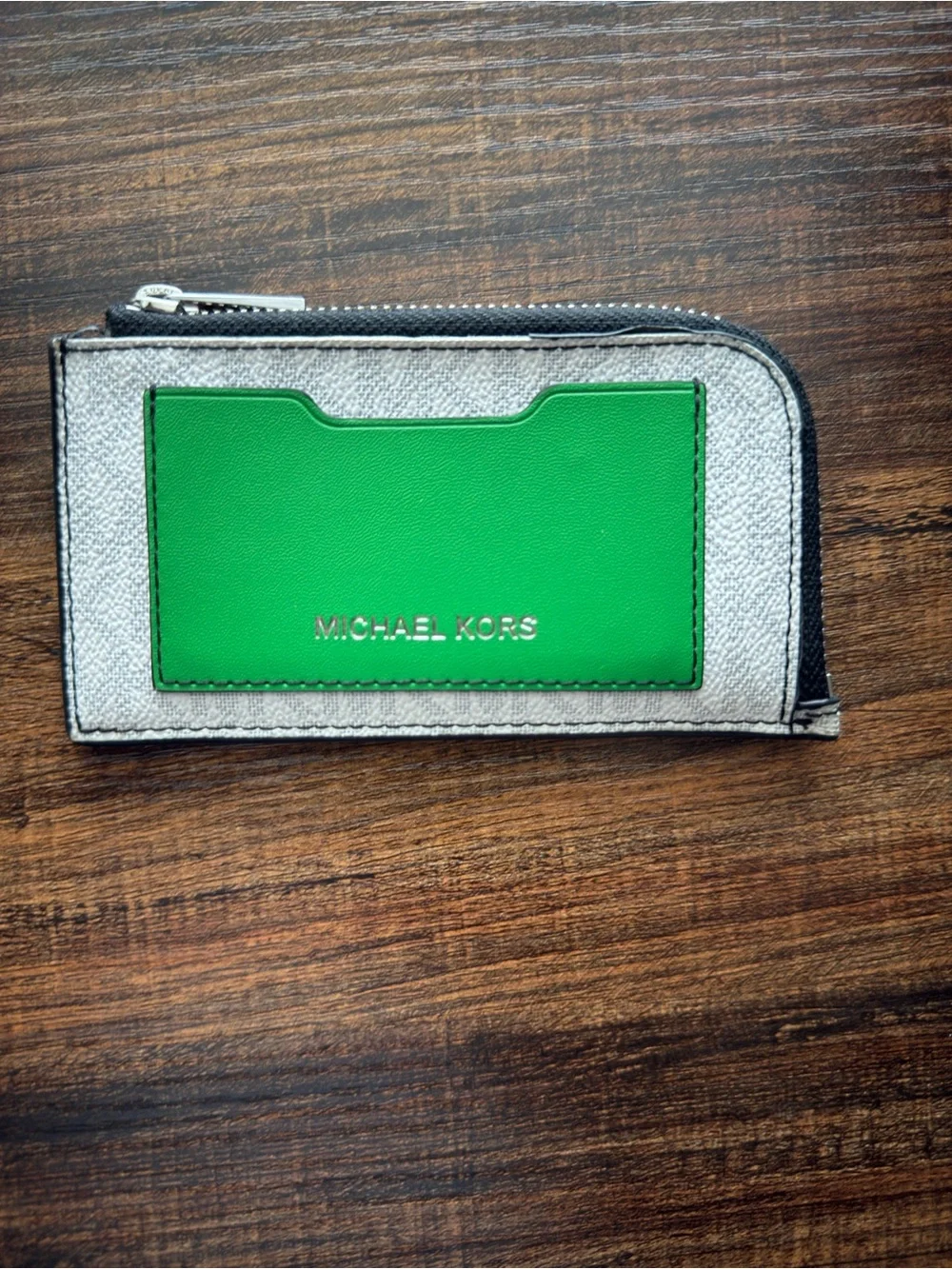 Michael Kors Green & Gray Zip Card Holder Wallet Coin Purse